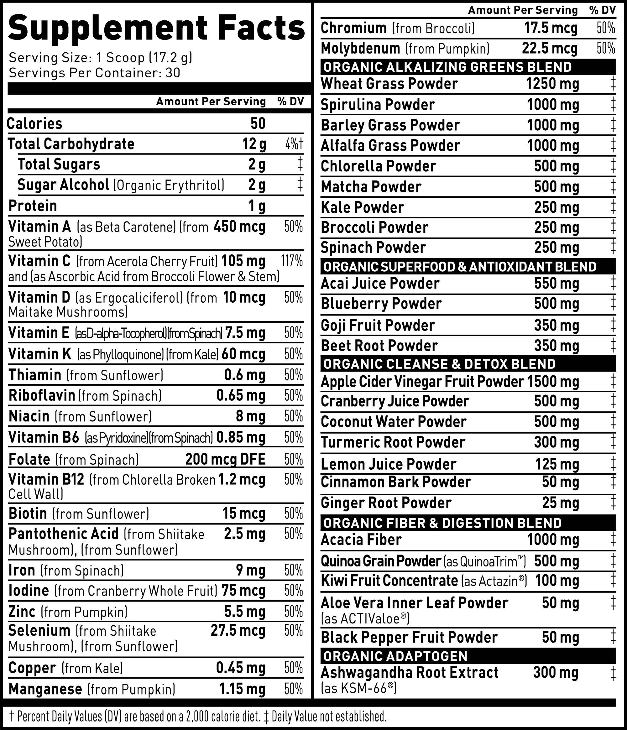 Supplement Facts of Organic Green