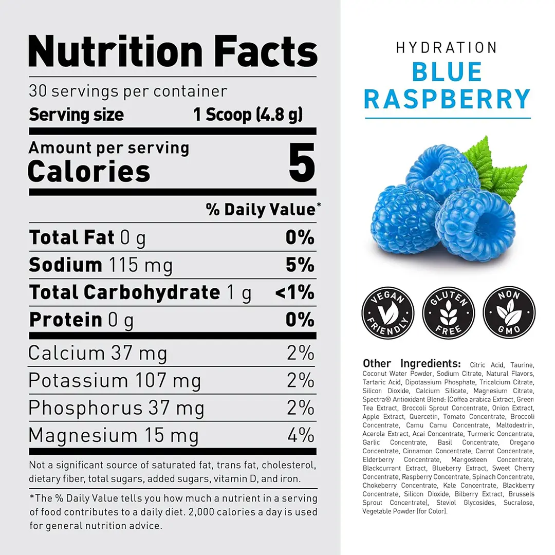 Kaged Hydration 30 Servings Blue Raspberry Supplement Info